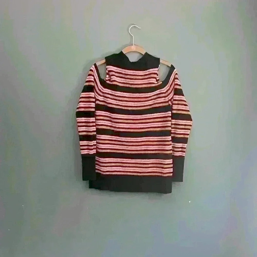 LOFT Cold Shoulder Striped Sweater size woman’s M‎ navy blue, orange, & pink - Picture 4 of 4